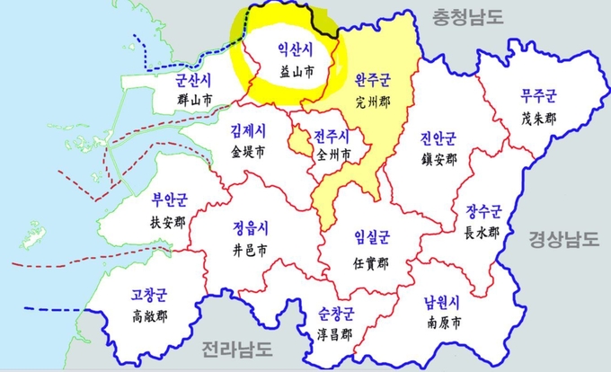 익산시는 호남의 맨 위쪽에 위치해 있다. <지도=공공저작물>